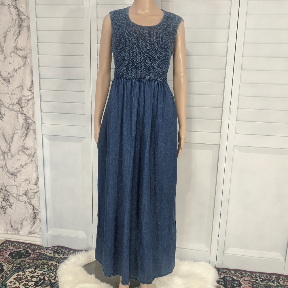 Vintage 90s Dark Denim Maxi Dress S Pockets